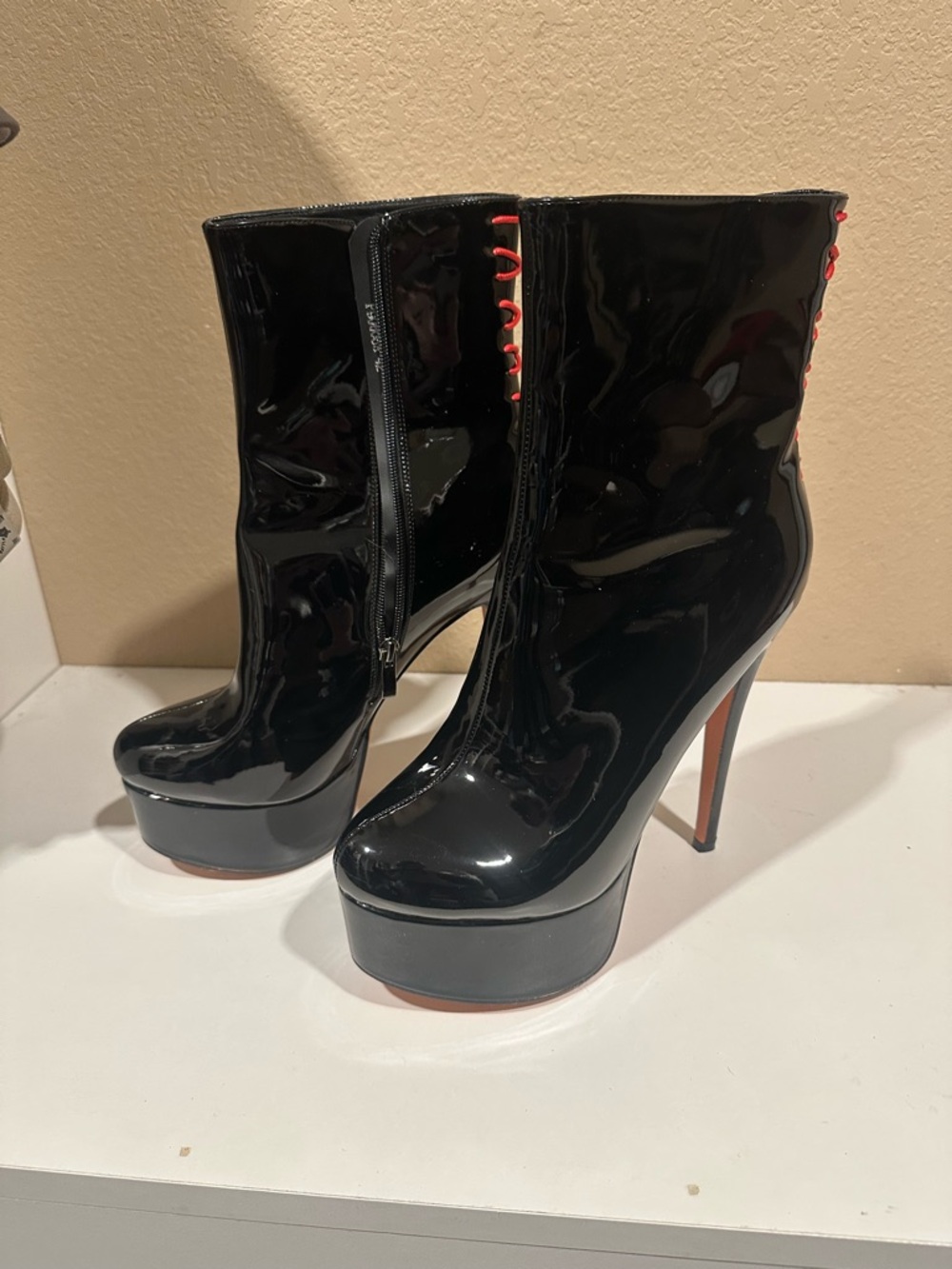 Glossy Black Patent Platform Ankle Boots with Red Lace Accent